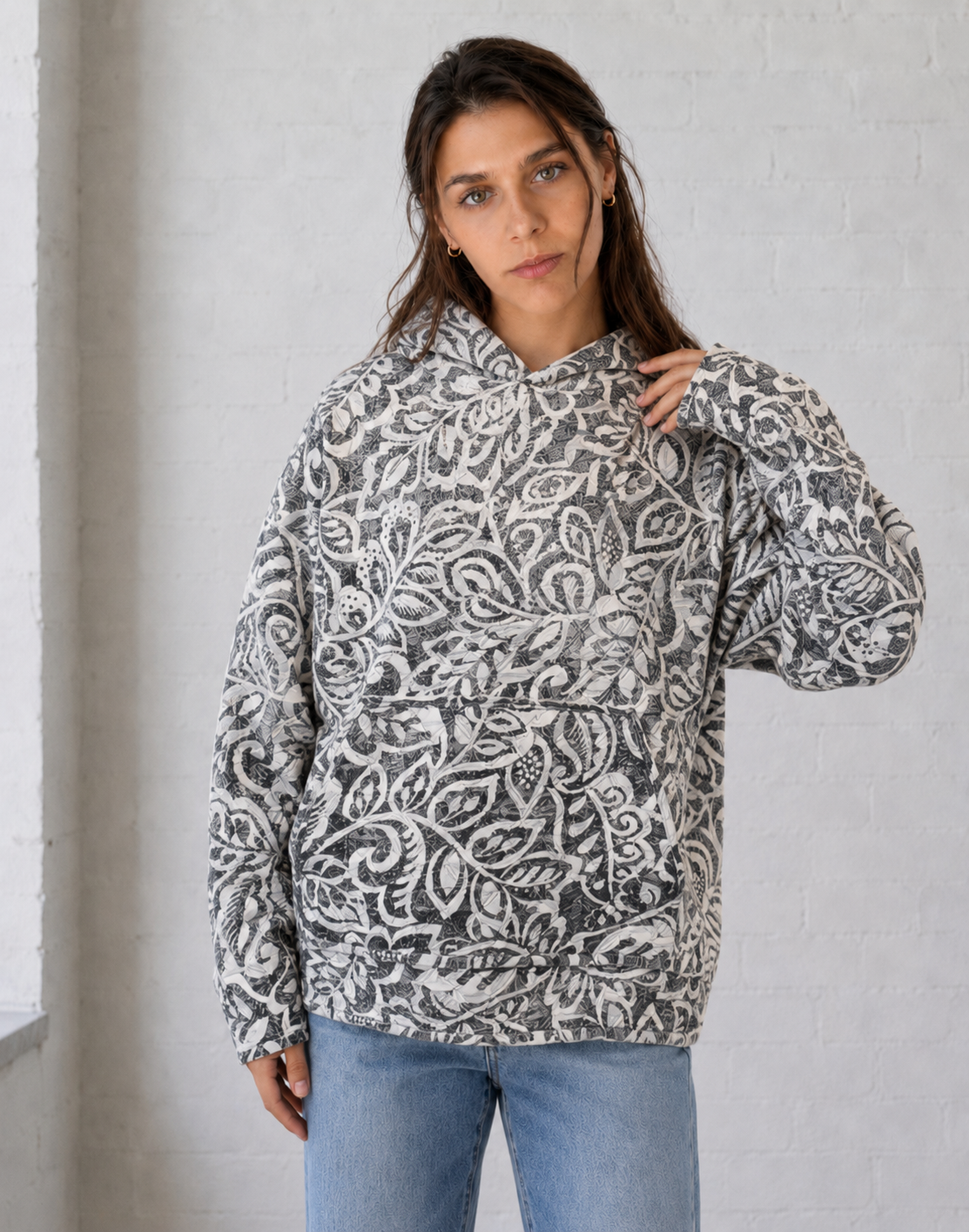 Ebony Petals Quilted Hoodie